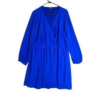 Express Womens Dress Blue V Neck Long Sleeve Midi Runched Waist Lined XL